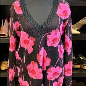 CAbi V-Neck Sweater with Pink Floral Design